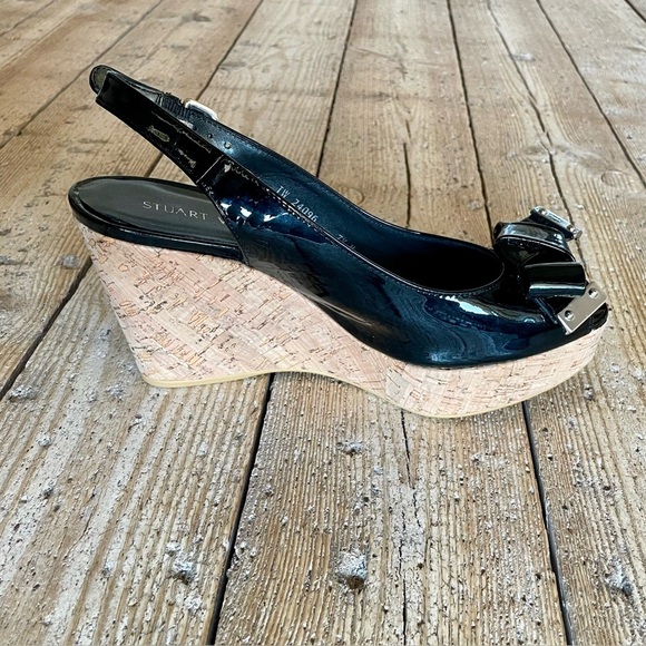 Stuart Weitzman Bodajean Black Patent Cork Wedge Sandals Size 7.5 - Picture 5 of 12